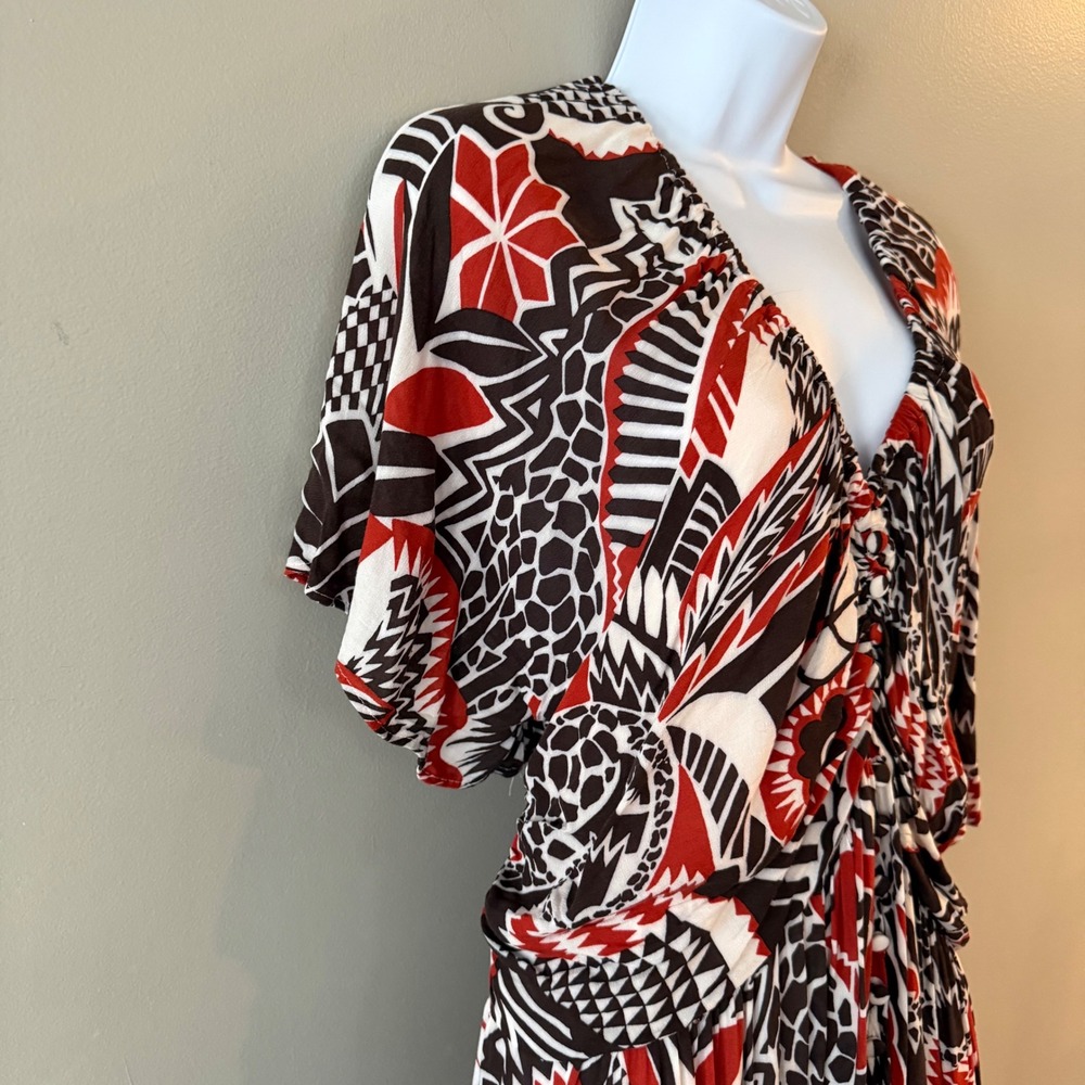 Anthropologie Tiered Ruffle Maxi Dress Red Black Geometric Cutout 3X Boho Flowy - Picture 8 of 16